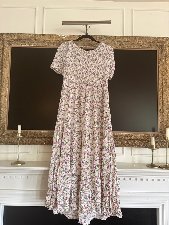 Dresses & Skirts - White Floral Midi Dress with Pink & Green Print